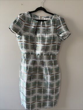 Striped Short-Sleeve Sheath Dress in Green and White